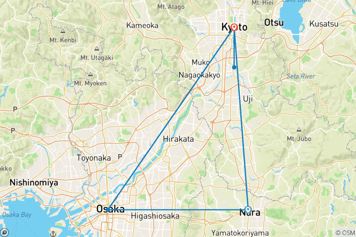 Carte du circuit Les incontournables de Kyoto, Nara et Osaka en 8 jours : culture, gastronomie et aventure