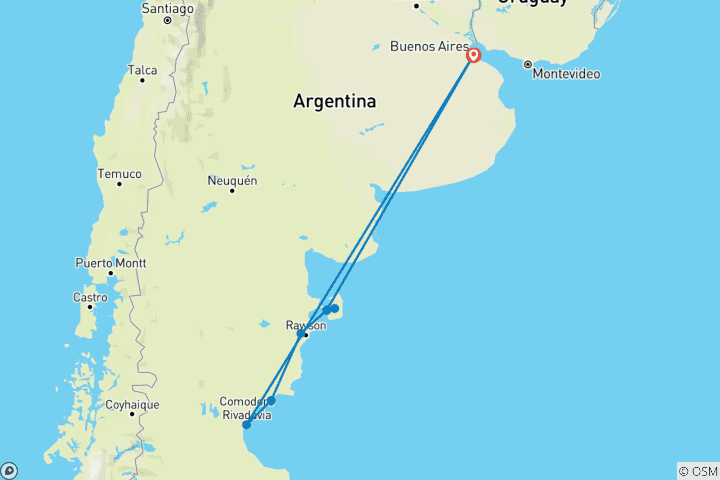 Carte du circuit Voyage en famille - Patagonie atlantique : à la découverte de la nature depuis la steppe