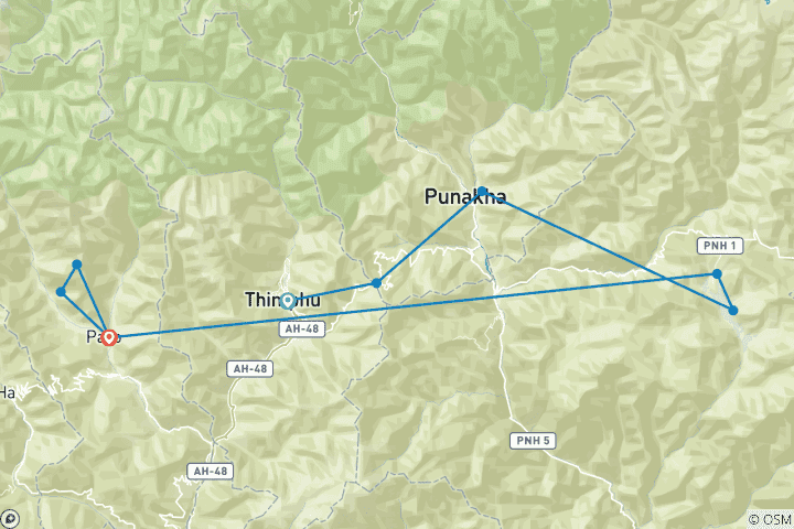 Mapa de Circuito por la cultura y la naturaleza de Bután con una ruta de senderismo de 2 días por Bumdrak