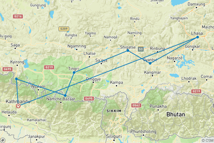 Carte du circuit Circuits au Tibet avec EBC - Arrivée en avion, départ en voiture