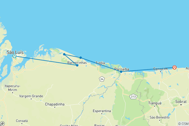 Map of São Luis to Jericoacoara - Trekking & 4x4 Adventure