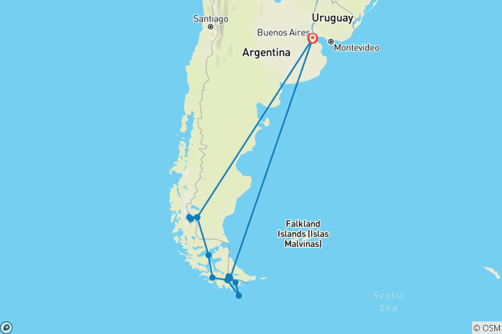 Karte von Flitterwochen bis zum Kap Hoorn – Expeditionskreuzfahrt durch Südpatagonien – auf den Spuren der Entdecker: El Calafate, Ushuaia, Kap Hoorn