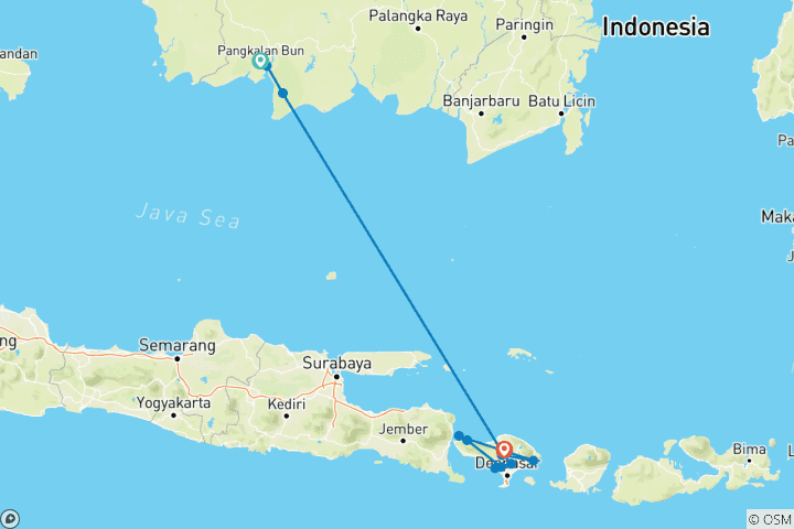 Carte du circuit Famille et amis. Bornéo et Bali