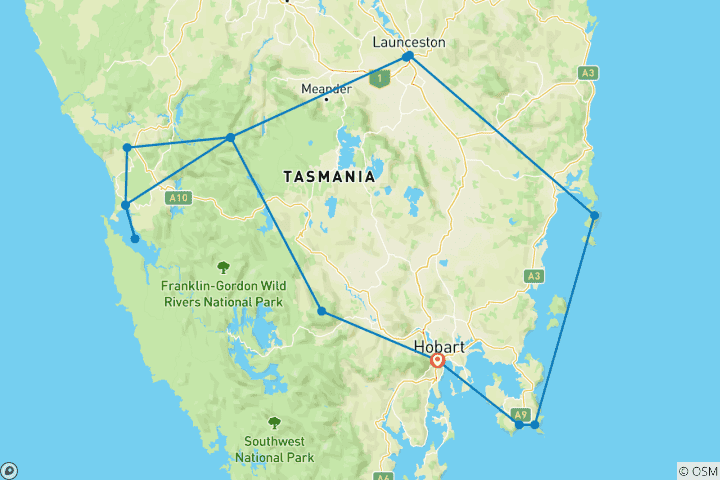 Carte du circuit Les merveilles reculées de la Tasmanie