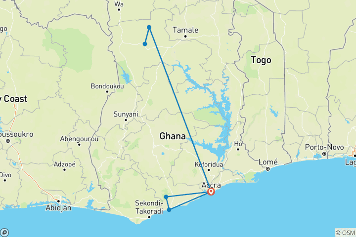 Kaart van Safari-reis door Ghana