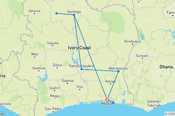 Mapa de Recorrido cultural e histórico por Costa de Marfil