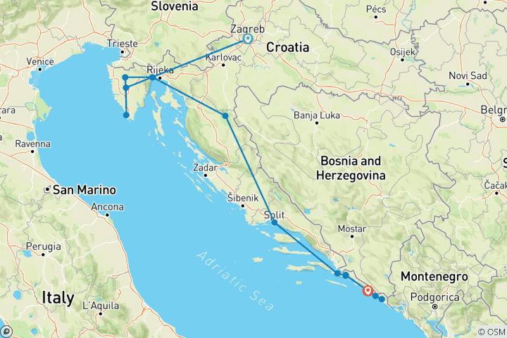 Carte du circuit Circuit gastronomique entièrement guidé en Croatie, de Zagreb à Split
