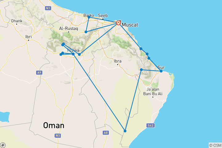 Carte du circuit Oman, un pays intemporel : un voyage de 7 jours à la découverte de la nature, de la culture et de l'histoire