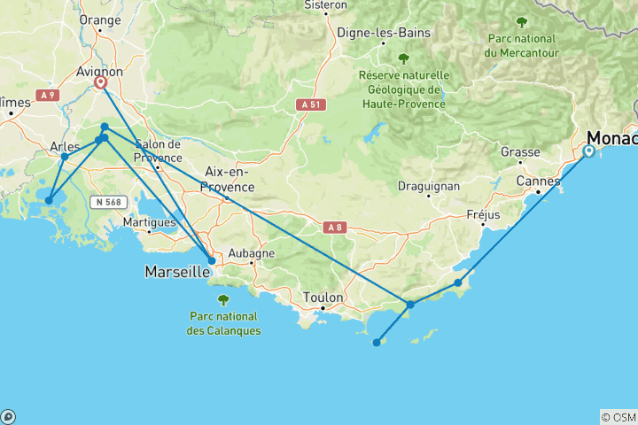 Kaart van Zelfrit met de EV door de Provence en de Franse Rivièra