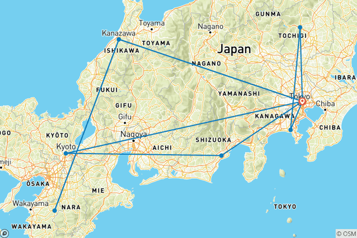 Kaart van Tokio, Kyoto, Kanazawa & Gokayama – 11 dagen