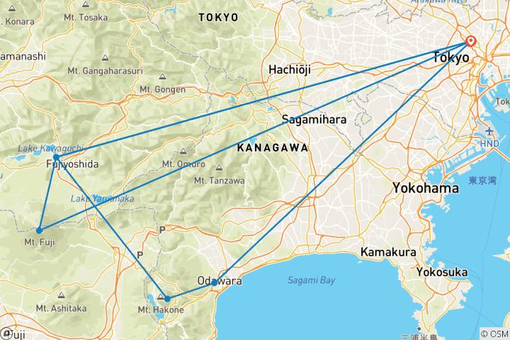 Mapa de 7 días descubriendo Tokio, el Monte Fuji y Hakone