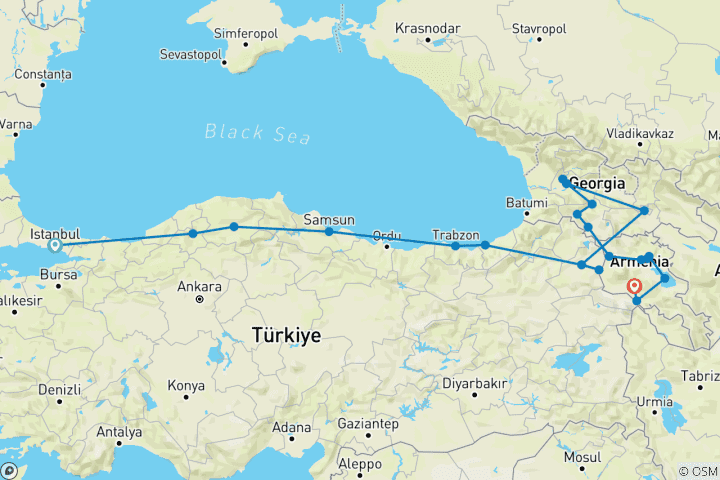 Map of Istanbul to Yerevan: The Black Sea and the Caucasus Mountains
