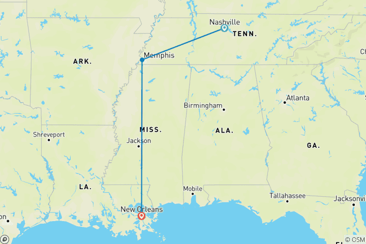 Carte du circuit Circuit musical du Tennessee à la Nouvelle-Orléans (3 destinations)