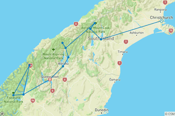 Carte du circuit Aventure classique de l'île du Sud