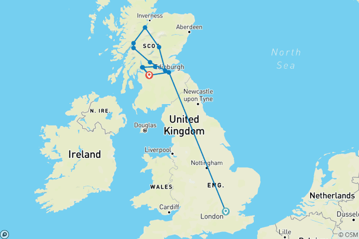 Carte du circuit Londres, Édimbourg et Glasgow en 9 jours