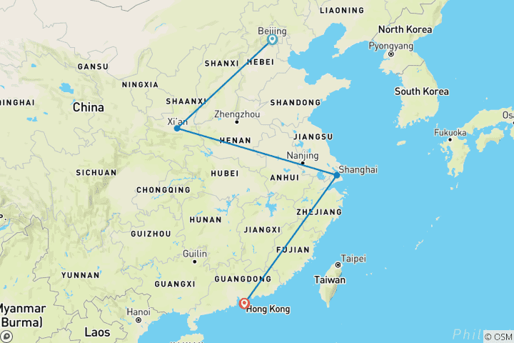 Karte von 10-tägige Kulturreise durch China und Hongkong – visumfreundliche Reise – Peking–Xi’an–Shanghai