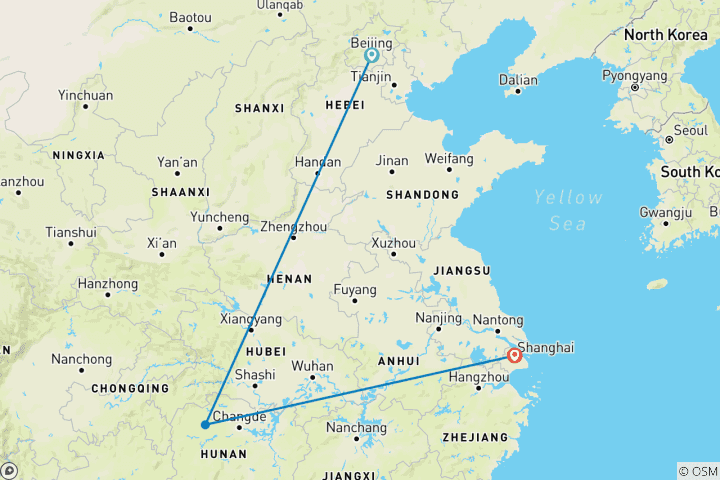 Carte du circuit Chine : De la Grande Muraille aux montagnes d'Avatar – 10 jours – Pékin – Zhangjiajie – Shanghai