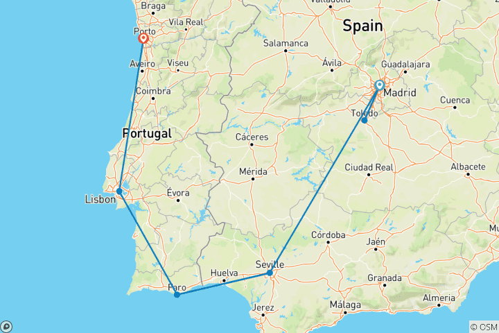 Carte du circuit L'Espagne et le Portugal en 11 jours – Madrid, Séville, Faro, Lisbonne et Porto