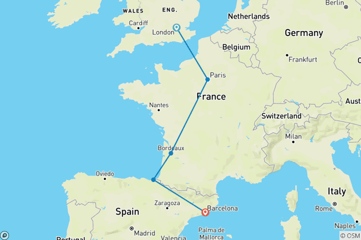 Map of London to Barcelona Quest (Hostels, Winter From Apr '27, Start London, Classic)