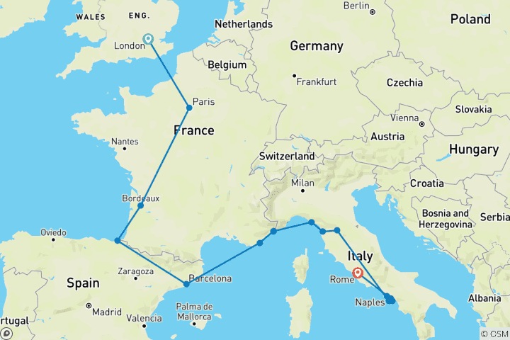 Karte von Reise von London nach Rom (Hostels, Winter ab April , Start in London, Classic)