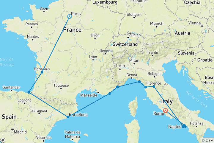 Karte von Reise von London nach Rom (Hostels, Winter ab April , Start in Paris, Classic)