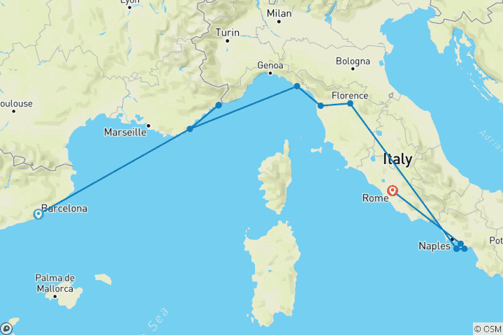 Karte von Reise von Barcelona nach Rom (Hostels, Winter ab April , klassisch)
