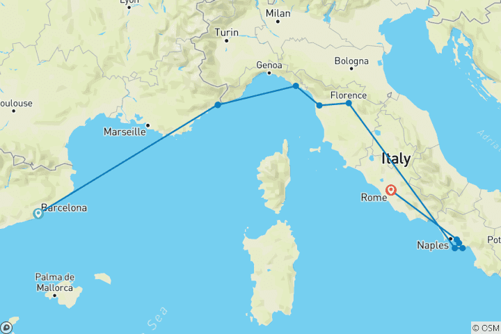 Carte du circuit Circuit Barcelone-Rome (hôtels, hiver à partir d'avril 2027, circuit classique)