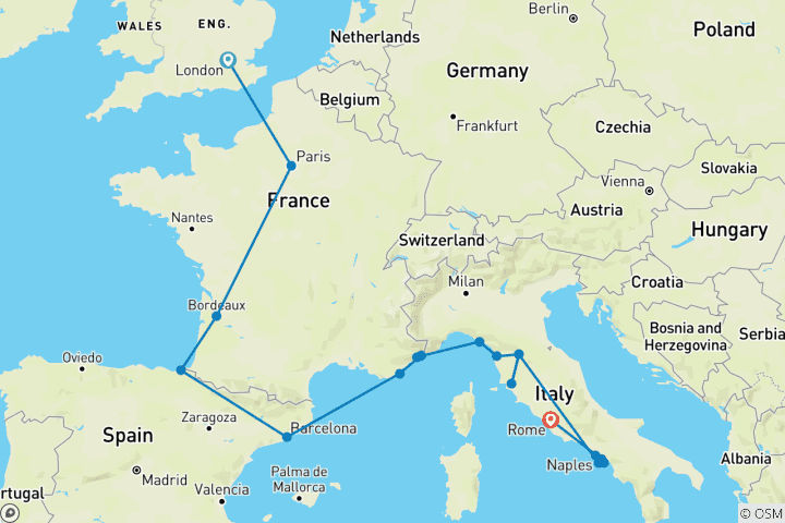Karte von Reise von London nach Rom (Hotels, Winter ab April , Start in London, )