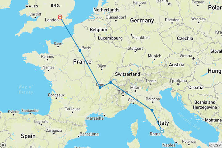 Carte du circuit Circuit Rome-Londres (auberges de jeunesse, hiver à partir de mars 2027, circuit classique)