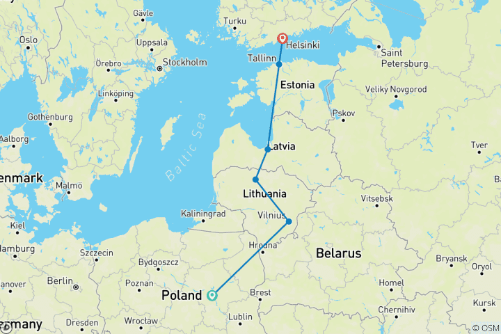 Mapa de Varsovia, los países bálticos y Helsinki
