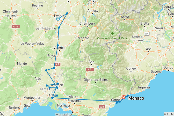 Carte du circuit Les merveilles de Lyon, de la Provence et de la Côte d'Azur 2028 - 11 jours (de Lyon à Nice)