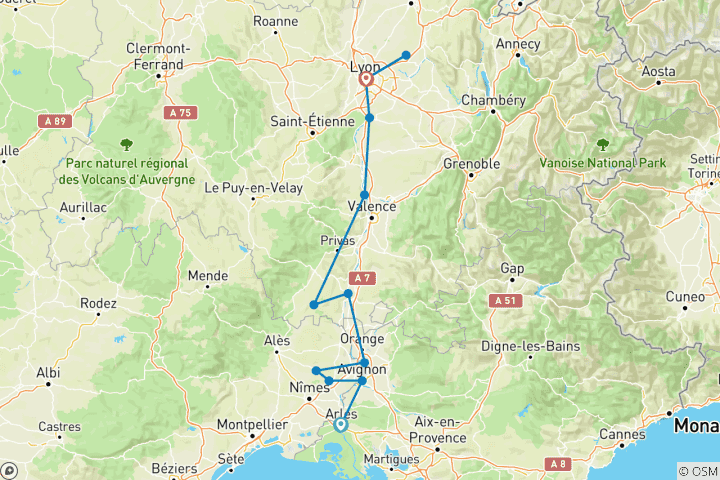 Carte du circuit Les plaisirs du printemps à Lyon et en Provence (y compris Vallon-Pont-d'Arc)