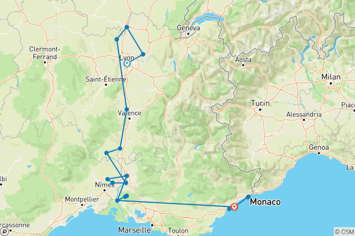 Kaart van De hoogtepunten van Lyon, de Provence en de Franse Rivièra 2028 – 11 dagen (van Lyon naar Antibes)