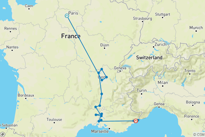 Karte von Paris - Nizza & Sensationen von Lyon und der Provence - 13 Tage (20 Destinationen)