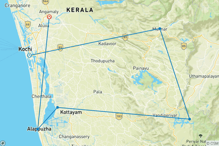 Karte von 7-tägige Indien-Wildtier-Tour mit Hausboot in Kerala (3-, 4- und 5-Sterne-Hoteloptionen)