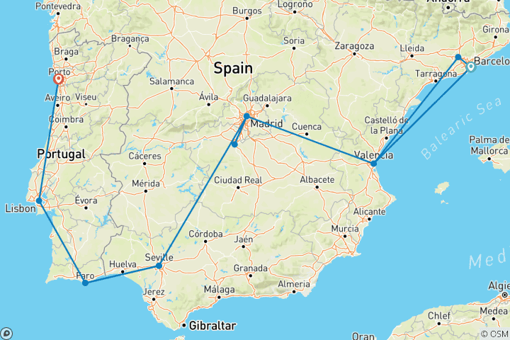 Carte du circuit Grand circuit en Espagne et au Portugal en 16 jours – Au programme : Barcelone, Valence, Madrid, Séville, Faro, Lisbonne et Porto