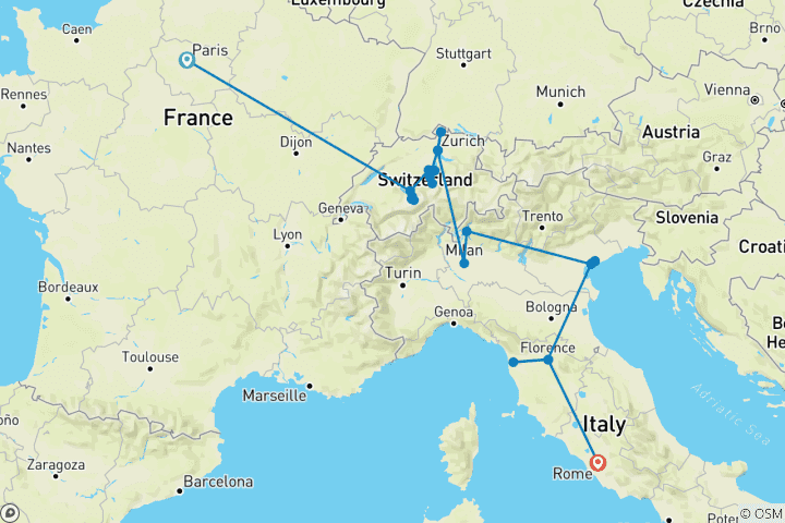 Kaart van Grote rondreis door Frankrijk, Zwitserland en Italië in 19 dagen – Met bezoeken aan Parijs, Interlaken, Luzern, Zürich, Milaan, Venetië, Florence en Rome