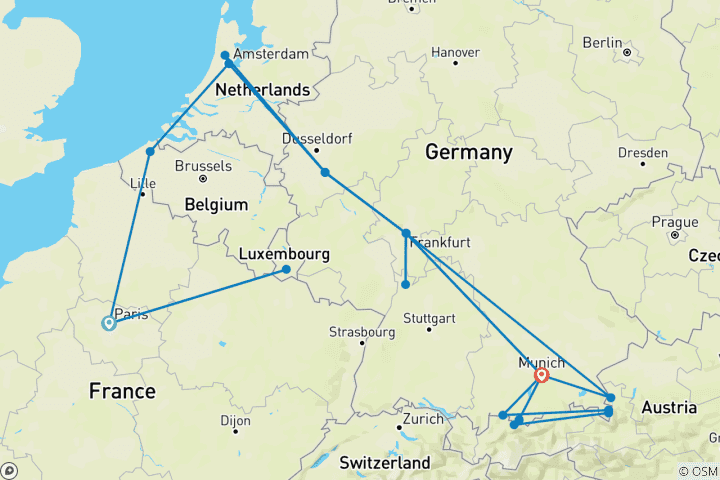 Mapa de Gran recorrido por Europa Occidental en 16 días: París, Luxemburgo, Brujas, Ámsterdam, Colonia, Fráncfort y Múnich