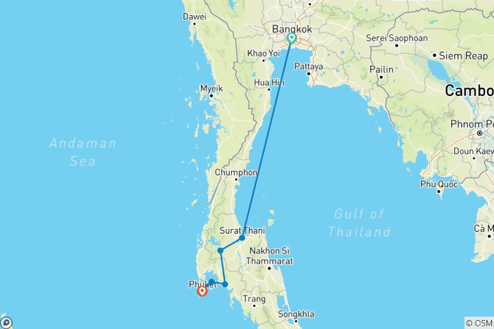 Carte du circuit Sud de la Thaïlande : îles et faune sauvage