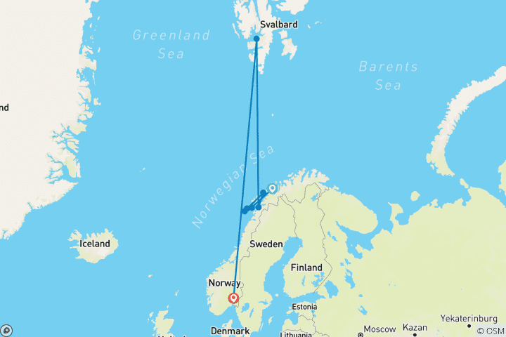 Karte von Entdeckungsreise zu den norwegischen Fjorden und nach Spitzbergen – MV Sylvia Earle