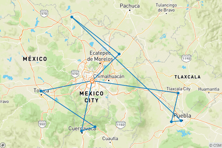 Carte du circuit Aventures dans le centre du Mexique