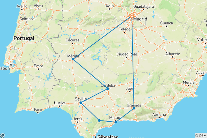 Kaart van 6-daagse rondreis door Andalusië met Córdoba en de Costa del Sol vanuit Madrid - Clase A