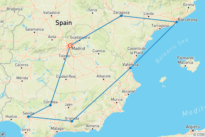Carte du circuit Circuit de 7 jours en Andalousie, sur la côte méditerranéenne et à Barcelone au départ de Madrid - Classe A