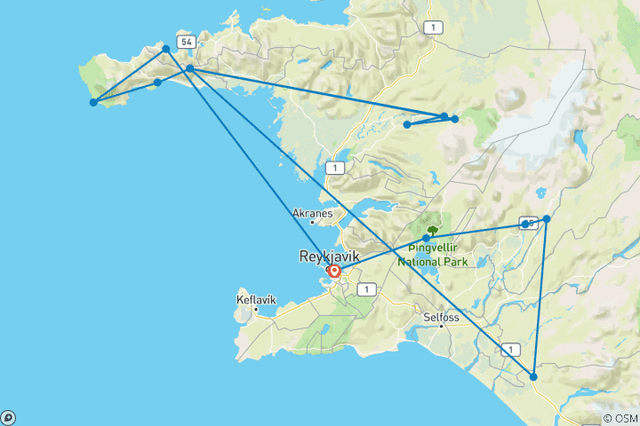 Kaart van Ontdek IJsland: de Gouden Cirkel en het schiereiland Snaefellsnes (14 bestemmingen)