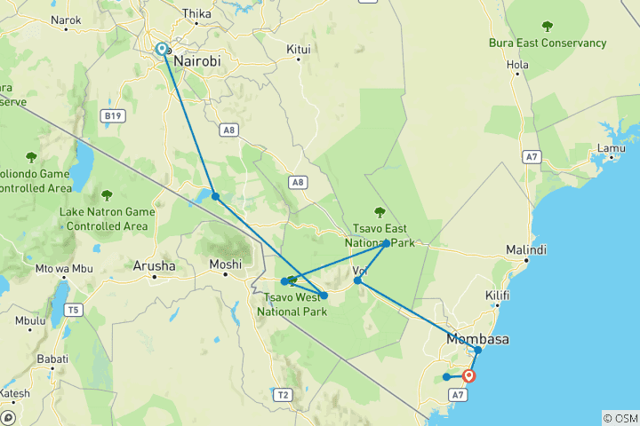 Mapa de Kenia en tren: trenes, safaris y playas (incluido Voi)