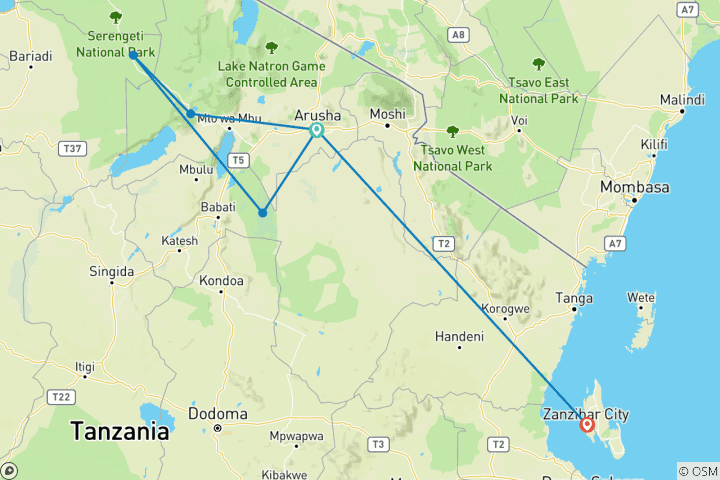 Mapa de Safari de 14 días por el Serengeti y vacaciones en la playa en Zanzíbar