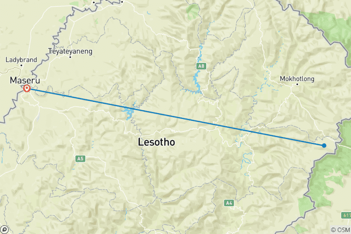 Carte du circuit Aventure en 4×4 à travers les cols de montagne du Lesotho – 7 jours / 6 nuits