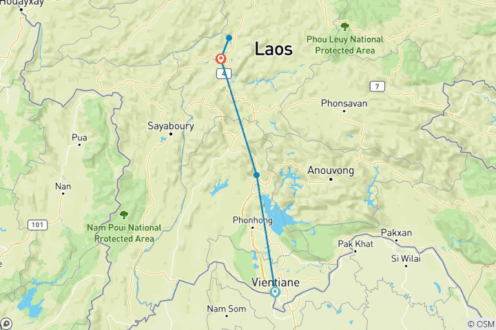 Kaart van 7-daagse ontdekkingsreis door Laos: tempels, grotten, blauwe lagunes en de Mekong