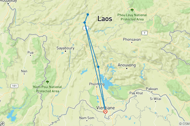 Karte von 9 Tage Laos-Reise: Von den Tempeln in Vientiane über die Höhlen von Vang Vieng bis hin zu den antiken Tonkrügen von Xieng Khouang