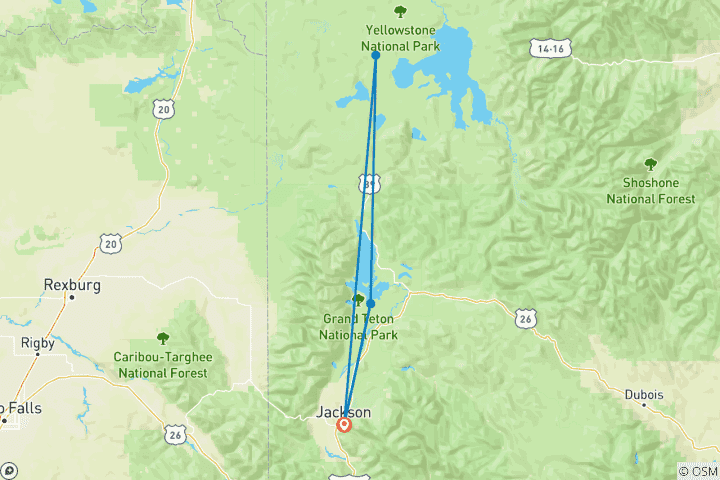 Carte du circuit Aventure à Yellowstone et Grand Teton
